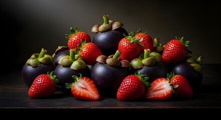 strawberries and mangosteens placed on a dark