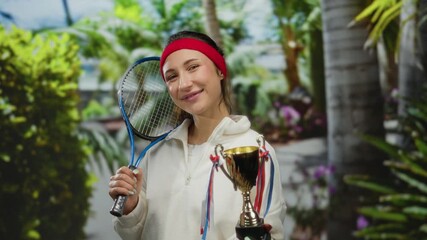 Young woman celebrating tennis victory holding trophy and racket in lush green outdoor park setting with vibrant plants and trees showcasing her achievement and happiness.