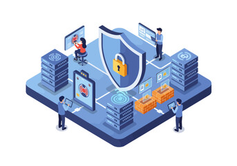 Isometric illustration of data servers, people analyzing dashboards, and security locks, cybersecurity, cloud computing, data protection, database management, and secure information technology systems