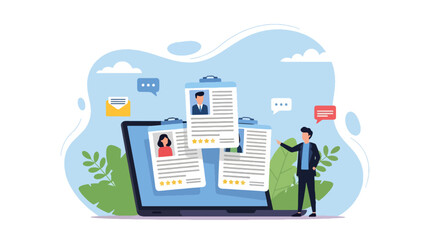 Flat illustration of online recruitment with HR manager reviewing resumes on a laptop, symbolizing hiring, career opportunities, digital recruitment, and modern human resources management strategies