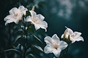 Obraz premium Elegant Dark Moody Garden Still Life with Glowing Fresh Lilies and White Flowers Close-Up Scene