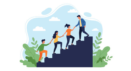 Flat illustration of teamwork and leadership with people helping each other climb stairs, symbolizing support, growth, success, collaboration, motivation, and achieving goals together