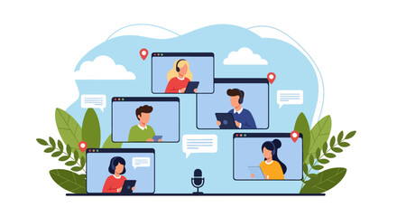 Flat style illustration of people in online video conference with laptops and headsets, representing remote work, digital communication, teamwork, and modern business collaboration