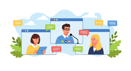 Flat style illustration of people in online video conference with laptops and headsets, representing remote work, digital communication, teamwork, and modern business collaboration