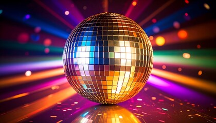 Shiny Disco Ball Shining Bright with Party Night Colorful Lights Background.
