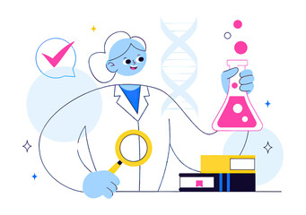 Curious scientist exploring DNA and conducting experiments with magnifying glass and flask for breakthrough discoveries, inspiring innovation and research