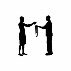 Silhouette of seller showing handmade necklace to customer isolated on white background