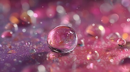 A magnified water droplet reveals a mesmerizing dance of air bubbles, shimmering against a vibrant pink and violet backdrop with cinematic light
