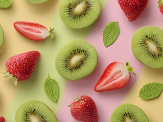 Fototapeta premium Photorealistic image of fresh sliced kiwi and strawberries with mint leaves