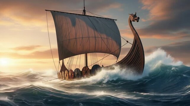Viking Longship Sailing on Rough Seas at Sunset Epic Journey