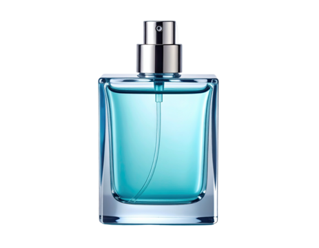 A square glass perfume bottle filled with light blue liquid, silver sprayer
