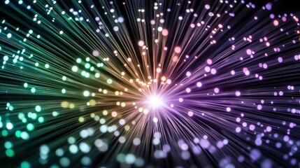 Naklejka premium Glowing fiber tips spectacular light burst radiating optical cables trails green purple orange colors from center technology background