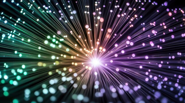 Glowing fiber tips spectacular light burst radiating optical cables trails green purple orange colors from center technology background