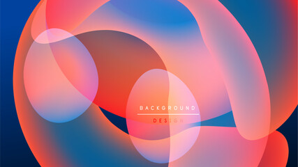 Abstract fluid shapes overlap, creating vibrant color gradients. Red, blue hues dominate dark background. Modern design element.