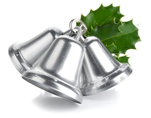 Shiny silver bells with holly