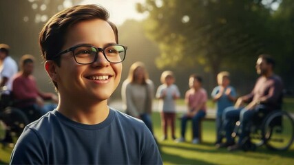 International Dwarfism Awareness Day: Young boy with glasses smiling group of people in background celebrating diversity and inclusion - Powered by Adobe