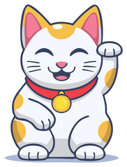 Obraz premium Lucky Cat with Raised Paw and Smiling Face Cartoon Icon Graphic Vector Illustration