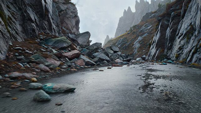 Rockfall blocking mountain gorge with wet asphalt road, dangerous hazard in rainy weather conditions