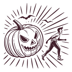 Man running from a giant jack-o-lantern with bats flying