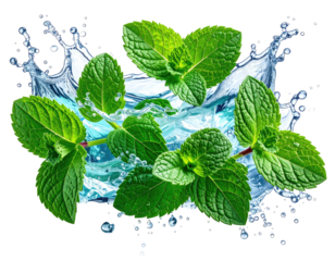 Fresh mint sprigs in a splash of crystal water, against a dark background