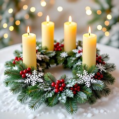 ein Adventskranz mit vier brennenden Kerzen