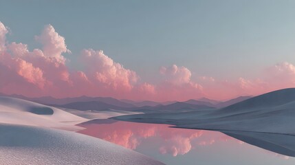 Surreal landscape with smooth, undulating hills, a still pool reflecting pastel sky and pink mountains under cinematic lightning.