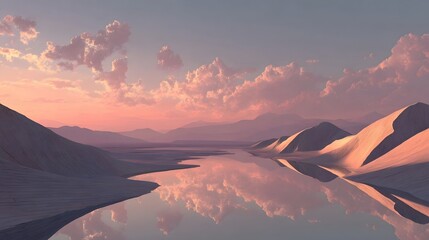 A surreal landscape of smooth, undulating hills in muted grays and whites, with a pool reflecting a pastel sky and pink mountains.