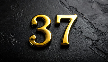 Golden number 37 on dark textured surface, metallic shine and reflections, elegant composition