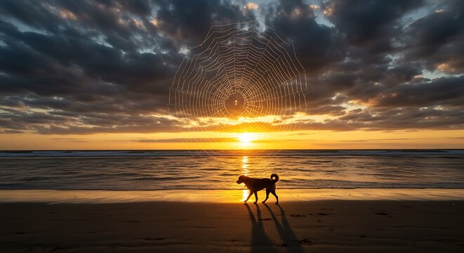Silhouette of dog walking on beach at sunset with spiderweb like effect - Powered by Adobe