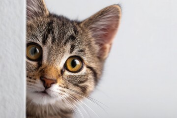Curious Tabby Kitten Peeking From Side of Frame in Soft Light
