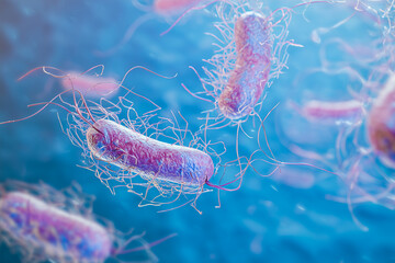 Rod-shaped bacteria with visible flagella and pili, potentially representing Legionella, E. coli, Salmonella, or Shigella in a fluid medium