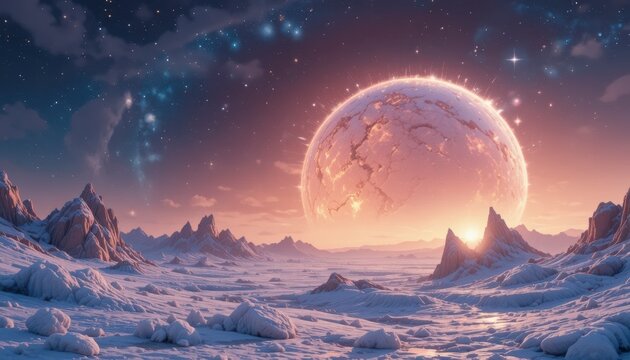 A serene, snowcovered alien landscape with jagged peaks under a pastel sky, featuring a large, glowing planet on the horizon, creating a dreamlike vista