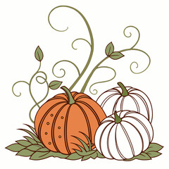 Orange and White Pumpkins with Swirling Green Vines