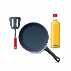 The black metal frying pan with a teflon coating, isolated on white, is an empty kitchen utensil ready for cooking, accompanied by a spoon and fork