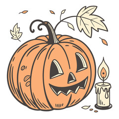 Orange Halloween Pumpkin With Candle And Falling Leaves
