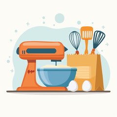 Kitchen utensils vector icon set illustration with mixer, bowl, and cup designs for food and drink