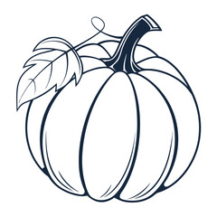 Outline illustration of a pumpkin with a single leaf and vine