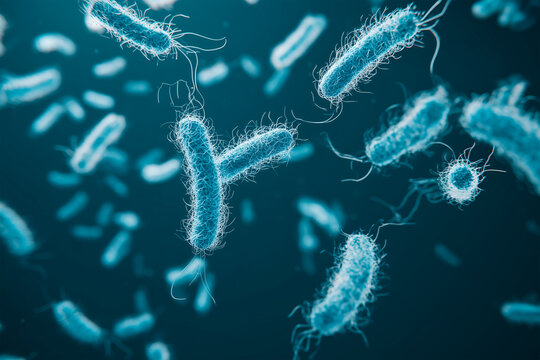 3D render of various rod-shaped bacteria with flagella under electron microscope, possibly representing Legionella pneumophila, Escherichia coli or Pseudomonas aeruginosa