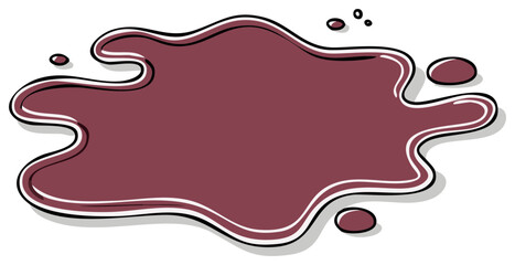 Burgundy liquid puddle cartoon illustration of a messy spill or stain with a comic book outline