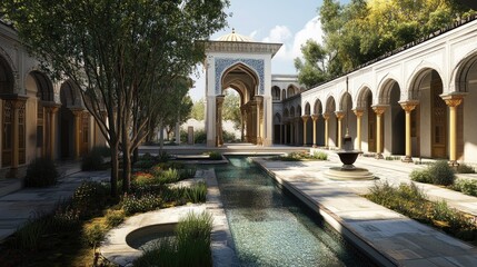 Obraz premium Serene Courtyard: A Digital Rendering of Islamic Architecture