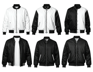 Six bomber jackets in various black and white color combinations