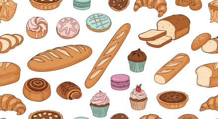 Bakery Delights Seamless Pattern of Bread, Pastries, and Desserts