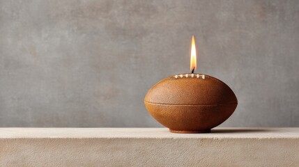 Brown football shaped candle with a lit flame for sports themed decoration
