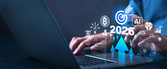 Futuristic business and technology concept 2026 with digital graph, AI, blockchain, cloud computing, and innovation, representing growth, transformation, sustainability, and global economy.