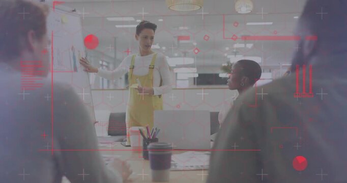 Presenter placing hand on flip-chart and underlining bar graph for business data discussion