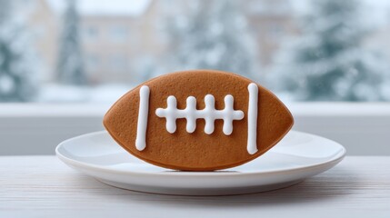 Gingerbread american football cookie with white icing on a plate with winter background