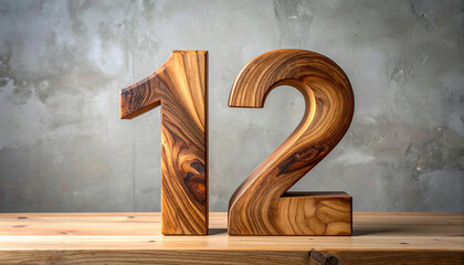 Handcrafted wooden number 12, natural wood grain visible, on tabletop with cement wall behind