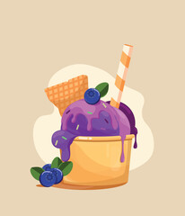 Blueberry ice cream in a paper cup — appetizing food illustration for dessert menus, ice cream packaging, print materials, and social media visuals