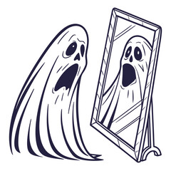Scared ghost looking in mirror at reflection Keywords: ghost, scared, mirror, reflection, fear