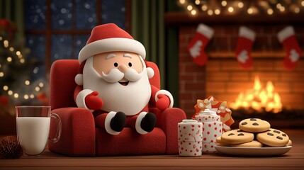 The spirit of Christmas, captured in an illustration of a cheerful Santa Claus relaxing in a cozy room with festive decorations, treats, and a roaring fireplace. Generative ai illustration